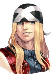 Rule 34 | 1boy, adam&#039;s apple, arc system works, axl low, bandana, blonde hair, blue eyes, guilty gear, hungry clicker, jacket, long hair, looking to the side, male focus, neck, parted lips, simple background, smile, smirk, solo, white background, zipper