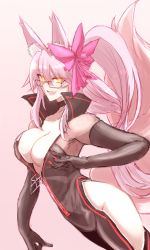 Rule 34 | 1girl, absurdres, animal ears, bodysuit, breasts, cleavage, fate/grand order, fate (series), fox ears, fox tail, glasses, highres, himo, koyanskaya (assassin) (first ascension) (fate), koyanskaya (fate), large breasts, pink hair, simple background, tail, tamamo (fate), yellow eyes
