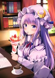 Rule 34 | 1girl, bad id, bad twitter id, blush, book, bookshelf, breasts, commentary request, crescent, crescent hair ornament, cup, curtains, dress, food, frills, fruit, hair ornament, hand up, hat, highres, holding, holding spoon, hyurasan, indoors, long hair, long sleeves, looking at viewer, mob cap, patchouli knowledge, purple dress, purple eyes, purple hair, purple hat, small breasts, solo, spoon, strawberry, striped clothes, striped dress, teacup, touhou, upper body, vertical-striped clothes, vertical-striped dress, window