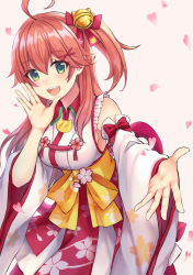 Rule 34 | absurdres, ahoge, bell, cherry blossom print, detached sleeves, floral print, green eyes, hair bell, hair between eyes, hair ornament, hairclip, highres, hololive, long hair, looking at viewer, open mouth, paw print, paw print pattern, petals, pink hair, reaching, reaching towards viewer, sakura miko, sakura miko (1st costume), solo, teeth, touri tarou (misconception), upper teeth only, virtual youtuber, x hair ornament