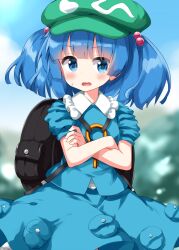 Rule 34 | 1girl, backpack, bag, blue eyes, blue hair, blue skirt, blurry, blurry background, blush, cowboy shot, crossed arms, green hat, hair bobbles, hair ornament, hat, highres, kawashiro nitori, key, looking at viewer, open mouth, pocket, ruu (tksymkw), shirt, skirt, skirt set, sky, solo, touhou, two side up, wavy mouth