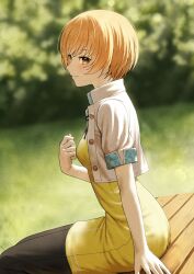 Rule 34 | 1girl, blurry, blurry background, breasts, brown eyes, closed mouth, cropped jacket, day, depth of field, dress, fagi (kakikaki), highres, jacket, looking at viewer, looking to the side, official alternate costume, open clothes, open jacket, orange hair, outdoors, persona, persona 4, satonaka chie, short hair, short sleeves, sitting, small breasts, smile, solo, sunlight, unbuttoned, white jacket, yellow dress