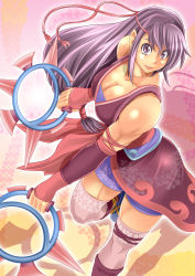 Rule 34 | 1girl, alop-net, bare shoulders, breasts, chakram, chinese clothes, elbow gloves, gloves, highres, holding, long hair, looking at viewer, macto, muscular, purple eyes, purple hair, solo, thighhighs, weapon