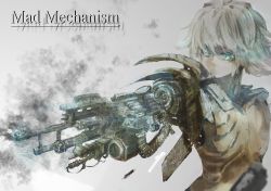 Rule 34 | 1girl, android, aqua eyes, arm cannon, armor, english text, expressionless, firing, glowing, glowing eyes, grey background, kirisame tarou, machinery, mecha, original, outstretched arm, robot, short hair, silver hair, simple background, smoke, upper body, weapon
