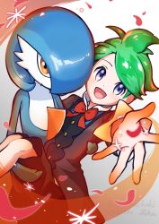 Rule 34 | 1boy, 1girl, absurdres, alternate color, arm up, artist name, arutarika (ri kaoekaki), black jacket, black shorts, blue eyes, blue hair, blue skin, blush, bob cut, bow, bowtie, buttons, carrying, closed mouth, colored skin, creatures (company), dated, falling petals, flat chest, game freak, gardevoir, gen 3 pokemon, green hair, hair over one eye, happy, highres, jacket, legs together, light blush, long sleeves, looking at viewer, multicolored skin, nintendo, one eye covered, open mouth, orange eyes, outstretched arm, petals, pokemon, pokemon (creature), pokemon masters ex, princess carry, reaching, reaching towards viewer, red bow, red bowtie, shiny pokemon, short hair, shorts, signature, smile, spread fingers, swept bangs, twitter username, two-tone skin, wally (pokemon), wally (sygna suit) (pokemon), white background, white skin