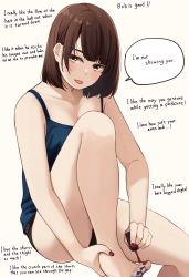 Rule 34 | 1girl, :p, absurdres, applying pedicure, arrow (symbol), bare arms, bare legs, bare shoulders, barefoot, black panties, blue camisole, blush, bob cut, breasts, brown background, brown eyes, brown hair, camisole, cleavage, closed mouth, collarbone, english text, highres, kapatarou, knee up, nail polish, original, painting nails, painting toenails, panties, red nails, simple background, sitting, small breasts, smile, solo, thick eyebrows, toenail polish, toenails, tongue, tongue out, underwear