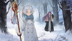 Rule 34 | 2girls, black coat, blue scarf, blush, brown capelet, bush, buttons, capelet, closed mouth, coat, commentary, cut bangs, day, double-breasted, dress, drop earrings, earrings, elf, eyelashes, fern (sousou no frieren), floating hair, forest, frieren, frilled shirt collar, frills, green eyes, hand up, highres, holding, holding staff, jewelry, long hair, long sleeves, looking at viewer, mage staff, multiple girls, nature, open clothes, open coat, outdoors, parted bangs, parted lips, pointy ears, purple eyes, purple hair, revision, scarf, short eyebrows, sidelocks, smile, snow, sousou no frieren, staff, standing, thick eyebrows, tree, twintails, tyomesuke, very long hair, white coat, white dress, white hair, winter