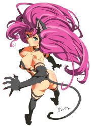 Rule 34 | 1girl, alternate color, animal ears, animal hands, aqua eyes, ass, bad id, bad twitter id, big hair, breasts, cat ears, cat tail, claws, felicia (vampire), from behind, fur, large breasts, long hair, muscular, muscular female, oono tsutomu, purple hair, simple background, solo, standing, tail, vampire (game), very long hair, yellow eyes