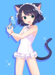 Rule 34 | 1girl, :3, animal ears, bell, cat ears, cat girl, cat tail, choker, cyan (show by rock!!), drill hair, hairband, highres, jingle bell, kyuuri (miyako), lolita hairband, neck bell, one-piece swimsuit, ringlets, school swimsuit, show by rock!!, simple background, solo, swimsuit, tail, water gun