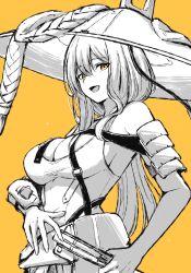 Rule 34 | 1girl, :d, armor, bodysuit, breasts, clothing cutout, fighting stance, goddess of victory: nikke, greyscale, hat, highres, japanese armor, jingasa, kote, large breasts, large hat, leotard, long hair, looking at viewer, monochrome, open mouth, ready to draw, scarlet (nikke), shoulder armor, smile, sode, solo, spot color, sword, warubo, weapon, yellow background, yellow eyes