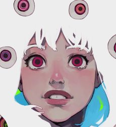 Rule 34 | 1girl, artist name, character request, close-up, commentary, copyright request, english commentary, extra eyes, eye focus, eyeball, francesca fedele, highres, lips, looking at viewer, nose, nostrils, portrait, realistic, red eyes, simple background, solo, teeth, white hair
