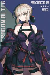 Rule 34 | 1girl, alternate costume, arm at side, artoria pendragon (all), artoria pendragon (fate), bare shoulders, belt, black belt, black choker, black ribbon, black skirt, blonde hair, braid, breasts, character name, choker, cleavage, closed mouth, collarbone, commentary request, cowboy shot, detached sleeves, dolce (dolsuke), dress, excalibur morgan (fate), fate/grand order, fate (series), hair ribbon, halterneck, highres, holding, holding sword, holding weapon, large breasts, long sleeves, looking at viewer, medium breasts, nail polish, off shoulder, red belt, red nails, red ribbon, ribbon, saber alter, short hair, sidelocks, skirt, solo, standing, sword, thigh strap, unzipped, weapon, wide sleeves, yellow eyes