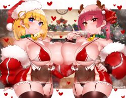 Rule 34 | 2girls, absurdres, antlers, asymmetrical docking, bare shoulders, bell, bikini, black panties, blonde hair, blue eyes, breast press, breasts, chimney, choker, christmas, christmas ornaments, christmas tree, cleavage, closed mouth, collarbone, contrapposto, covered erect nipples, covered navel, cowboy shot, curvy, detached sleeves, dress, fake antlers, from side, fur trim, garter belt, garter straps, hair ornament, hand on own hip, hat, heart, heterochromia, highres, hololive, hololive english, honeymelon, horns, houshou marine, lace trim, large breasts, looking at viewer, medium hair, micro bikini, microskirt, mole, mole on breast, multiple girls, neck bell, one breast out, outside border, panties, puckered lips, red eyes, red hair, santa costume, santa hat, short dress, skirt, sleeves past wrists, strap pull, swimsuit, thighhighs, twintails, underwear, virtual youtuber, watson amelia