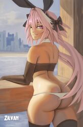 Rule 34 | 1boy, androgynous, artist name, ass, astolfo (fate), bare shoulders, bow, butt crack, come hither, crossdressing, curvy, elbow gloves, fate/apocrypha, fate/grand order, fate (series), from behind, gloves, hair bow, hair ribbon, high heels, highres, huge ass, lips, long hair, looking at viewer, looking back, naughty face, one eye closed, open mouth, panties, pink hair, purple eyes, ribbon, shiny skin, skindentation, sky, solo, standing, thick thighs, thighs, thong, trap, underwear, very long hair, white panties, wide hips, wink, zilvan