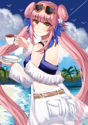 Rule 34 | 1girl, arknights, ass, bare shoulders, blue sealad, blue sky, breasts, ceylon (arknights), ceylon (holiday) (arknights), cloud, commentary, cowboy shot, cup, day, double bun, eyewear on head, hair bun, highres, holding, holding cup, long hair, looking at viewer, medium breasts, ocean, off shoulder, official alternate costume, pink hair, short shorts, shorts, sky, smile, solo, standing, sunglasses, very long hair, water, white shorts, yellow eyes