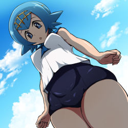 Rule 34 | 1girl, blue eyes, blue hair, blue sky, blush, breasts, cloud, covered erect nipples, creatures (company), day, from below, game freak, happy, headband, lana (pokemon), nintendo, outdoors, pokemon, pokemon sm, regls, short hair, sky, swimsuit, swimsuit under clothes, thighs, trial captain