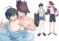 Rule 34 | 2boys, :d, absurdres, ball, beachball, black footwear, black hair, black male swimwear, black swim trunks, blue male swimwear, blue swim trunks, brown eyes, closed eyes, collarbone, commentary request, danganronpa (series), danganronpa s: ultimate summer camp, danganronpa v3: killing harmony, facial hair, goatee, grey background, grey jacket, grin, hair between eyes, hand up, highres, holding, holding ball, hood, hooded jacket, inflatable orca, inflatable toy, jacket, looking at another, looking back, male focus, male swimwear, momota kaito, multiple boys, multiple views, off shoulder, official alternate costume, open mouth, print male swimwear, print swim trunks, saihara shuichi, sandals, shoes, smile, spiked hair, swim trunks, swimsuit, teeth, toy, visket53, yaoi