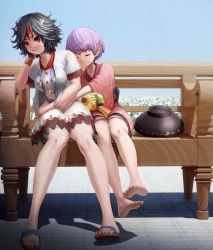 Rule 34 | &gt;:t, 2girls, :t, arrow (symbol), bad id, bad pixiv id, bare legs, barefoot, bench, black hair, bowl, bowl hat, breasts, closed eyes, closed mouth, cone horns, day, dress, feet, grey horns, hat, highres, horns, hug, japanese clothes, kijin seija, kimono, knees, looking away, mallet, medium breasts, miracle mallet, multicolored hair, multiple girls, obi, on bench, open clothes, open shirt, outdoors, pout, purple hair, red eyes, red hair, sandals, sash, shirt, short hair, short sleeves, sitting, smile, soles, sukuna shinmyoumaru, toes, touhou, unworn headwear, v-shaped eyebrows, wide sleeves, yossu?