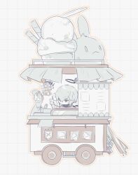 Rule 34 | 1boy, arknights, chibi, commentary request, cooking, executor (arknights), food, frown, grey hair, grid background, halo, highres, ice cream, limited palette, looking to the side, male focus, outline, parfait, red eyes, short hair, simple background, sketch, solo, spoon, vending cart, wasadnt, white background