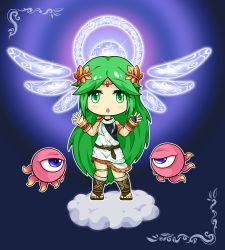 Rule 34 | 1girl, chibi, cloud, cosplay, costume switch, green hair, highres, jewelry, kid icarus, long hair, lots of jewelry, palutena, solo, very long hair, yuyukong