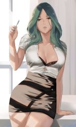 Rule 34 | 1girl, alternate costume, arm support, black bra, black skirt, bra, bra peek, breasts, cleavage, collarbone, curtains, curvy, female focus, fire emblem, fire emblem: three houses, green eyes, green hair, highres, holding, holding pen, indoors, j@ck, large breasts, long hair, looking at viewer, matching hair/eyes, mature female, nintendo, office lady, parted lips, pen, pencil skirt, rhea (fire emblem), shirt, short sleeves, skirt, solo, thick thighs, thighs, underwear, white shirt, wide hips, window