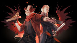 Rule 34 | 2boys, absurdres, aiming, belt, black belt, black coat, black gloves, black pants, black shirt, coat, dante (devil may cry), devil may cry (series), devil may cry 5, ebony (devil may cry), food, gloves, gun, hat, highres, holding, holding gun, holding weapon, long coat, multiple boys, open clothes, open coat, open mouth, pants, parted lips, pizza, pizza box, red coat, red scarf, scar, scarf, sheath, sheathed, shirt, short hair, smile, sword, vergil (devil may cry), vetania, weapon, white hair, yamato (sword)