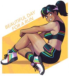 Rule 34 | 1girl, artist name, black hair, black socks, black sports bra, border, breasts, brown eyes, commentary, dark-skinned female, dark skin, dolphin shorts, english text, full body, grin, headband, highres, looking at viewer, medium breasts, multicolored hair, muscular, muscular female, on floor, original, ponytail, revision, shoes, shorts, sitting, smile, sneakers, socks, solo, sports bra, sportswear, sweat, symbol-only commentary, tan, tanline, the jieb, white border, white headband, white sneakers, yeet-chan (the jieb)