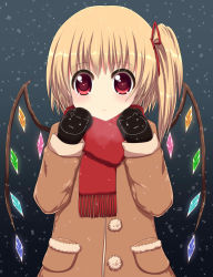 Rule 34 | 1girl, blonde hair, blush, bow, coat, flandre scarlet, hair bow, heart, heart-shaped pupils, mittens, red eyes, side ponytail, snowing, solo, symbol-shaped pupils, touhou, wings, winter clothes, winter coat, yukari yukke