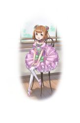 Rule 34 | 1girl, :d, ballet slippers, barre, beatrice (princess principal), brown eyes, brown hair, chair, circle skirt, double bun, dress, flat chest, flower, frilled dress, frills, full body, hair bun, hair flower, hair ornament, highres, indoors, leggings, looking at viewer, official art, open mouth, pantyhose, plantar flexion, princess principal, princess principal game of mission, puffy short sleeves, puffy sleeves, purple dress, short hair, short sleeves, sitting, smile, solo, transparent background, white pantyhose, window, wooden floor