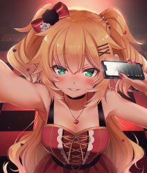 Rule 34 | 1girl, absurdres, akai haato, akai haato (gothic lolita), arm up, armpits, belt, blonde hair, blush, bow, breasts, cellphone, checkered floor, cleavage, dress, fingernails, flower, green eyes, grin, hair ornament, hairclip, heart, heart belt, heart hair ornament, heart necklace, highres, holding, holding phone, hololive, jewelry, kabedon, light particles, lips, long hair, looking at viewer, medium breasts, mkn00000000, nail polish, necklace, parted lips, phone, pov, red bow, red dress, red nails, rose, sleeveless, sleeveless dress, smartphone, smile, solo, spaghetti strap, text messaging, translation request, two side up, upper body, very long hair, virtual youtuber, white flower, white rose, yandere