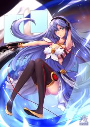 Rule 34 | 1girl, adjusting hair, aqua eyes, arm up, artist name, bare shoulders, black gloves, black thighhighs, blue dress, blue hair, blush, bracelet, breasts, cable, cleavage, collarbone, dress, feather trim, female focus, fingerless gloves, flower, gloves, hairband, hananon, hand in own hair, headphones, instrument, jewelry, knees together feet apart, large breasts, long hair, looking at viewer, music, neck ring, original, outstretched arm, piano, playing instrument, rose, sideboob, smile, solo, strapless, strapless dress, thighhighs, underboob, very long hair, yellow flower, yellow rose