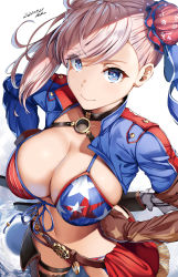 Rule 34 | 1girl, american flag bikini, american flag print, artist name, banned artist, belko, belt, bikini, blue eyes, breasts, brown belt, brown gloves, bun cover, choker, cleavage, clenched hands, closed mouth, commentary, cropped jacket, dated, fate/grand order, fate (series), flag print, from above, front-tie bikini top, front-tie top, gloves, gunblade, hair bun, hair ribbon, hands on own hips, highres, large breasts, miyamoto musashi (fate), miyamoto musashi (fate/grand order), miyamoto musashi (swimsuit berserker) (fate), navel, pink hair, print bikini, ribbon, scabbard, sheath, sheathed, shrug (clothing), side ponytail, silver hair, single hair bun, single thighhigh, skindentation, smile, solo, swept bangs, swimsuit, thigh strap, thighhighs, weapon