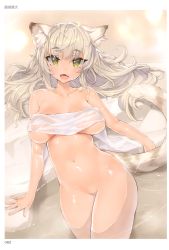 Rule 34 | 1girl, absurdres, animal ears, artist name, breasts, breasts apart, bright pupils, covering privates, fang, green eyes, highres, large breasts, light brown hair, long hair, looking at viewer, naked towel, navel, nude cover, onsen, open mouth, page number, partially submerged, scan, shiny skin, skin fang, solo, steam, tail, toranoana, towel, tsurusaki takahiro