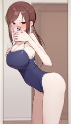 Rule 34 | 1girl, blue one-piece swimsuit, blush, breasts, brown hair, cleavage, commentary request, covered mouth, covered navel, ear blush, hand on own chest, highres, idolmaster, idolmaster cinderella girls, indoors, large breasts, leaning forward, looking at viewer, mifune miyu, nose blush, oekaki machine, one-piece swimsuit, ponytail, school swimsuit, selfie, sidelocks, solo, sweatdrop, swimsuit