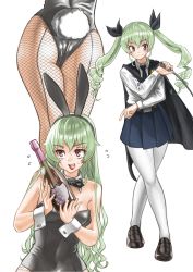 Rule 34 | 10s, 1girl, alternate costume, alternate hairstyle, anchovy (girls und panzer), animal ears, anzio school uniform, ass, black cape, black footwear, black leotard, black neckwear, black skirt, blouse, bottle, bow, bowtie, brown eyes, cape, crossed legs, detached collar, dress shirt, drill hair, fake animal ears, fishnet pantyhose, fishnets, full body, girls und panzer, green hair, hair down, highres, leotard, lips, lipstick, loafers, long hair, long sleeves, looking to the side, makeup, miniskirt, multiple views, necktie, pantyhose, playboy bunny, pleated skirt, rabbit ears, rabbit tail, riding crop, school uniform, shirt, shoes, simple background, skirt, standing, strapless, strapless leotard, tail, traditional bowtie, twin drills, twintails, upper body, white background, white pantyhose, white shirt, wine bottle, wrist cuffs, yamano rita