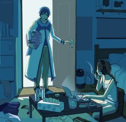 Rule 34 | 1boy, 1girl, basket, bed, bedroom, blue hair, blue scarf, cabinet, chair, cigarette, clothes, coat, commentary, computer, cup ramen, headset, holding, holding basket, holding cigarette, indoors, kaito (vocaloid), laptop, master (vocaloid), nokuhashi, opening door, pants, pillow, scarf, sitting, smile, smoking, socks, standing, sweat, table, tank top, tissue box, underwear, underwear only, vocaloid, white coat, wooden floor