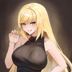 Rule 34 | 1girl, bare shoulders, blonde hair, breasts, claw pose, cleavage, fang, hand on own hip, highres, kiss-shot acerola-orion heart-under-blade, kizumonogatari, large breasts, long hair, looking at viewer, monogatari (series), nipples visible through clothes, oshino shinobu, pointy ears, ricman rt, solo, vampire, very long hair, yellow eyes