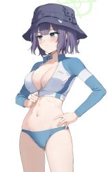 Rule 34 | 1girl, absurdres, aqua eyes, bikini, bikini bottom only, black hat, blue archive, blue bikini, blush, breasts, bucket hat, cowboy shot, cropped jacket, green halo, halo, hand on own hip, hat, highres, jacket, karacak, large breasts, long sleeves, medium hair, multicolored clothes, multicolored jacket, navel, official alternate costume, open swimsuit, purple hair, rash guard, saki (blue archive), saki (swimsuit) (blue archive), simple background, solo, stomach, swimsuit, two-tone jacket, white background