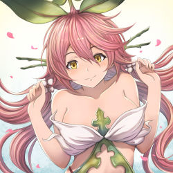 Rule 34 | 1girl, bare shoulders, breasts, breasts apart, clenched hands, granblue fantasy, hair ornament, highres, leaf, leaf on head, long hair, medium breasts, monster girl, pink hair, plant girl, quad tails, smile, solo, tree, upper body, yellow eyes, yggdrasill (granblue fantasy), yuki7128
