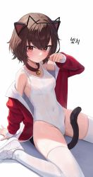 Rule 34 | 1girl, animal ears, artist request, bell, cat ears, cat tail, highres, jacket, jacket partially removed, megumin, red eyes, solo, swimsuit, tail, thighhighs