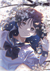 Rule 34 | 1girl, 1other, absurdres, black bow, black neckwear, blurry, blurry foreground, bow, branch, cherry blossoms, chromatic aberration, fingernails, furai, highres, holding, holding hands, long hair, lying, on back, original, pale skin, parted lips, petals, purple eyes, purple hair, school uniform, serafuku, shiny lips, solo focus, uniform