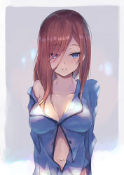 Rule 34 | 1girl, arms at sides, blue eyes, blush, breasts, brown hair, cleavage, collarbone, go-toubun no hanayome, hair between eyes, inoue takuya (tactactak), large breasts, long hair, looking at viewer, nakano miku, open clothes, open mouth, red hair, simple background, single bare shoulder, solo, tagme