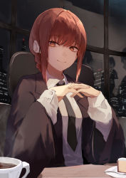 Rule 34 | 1girl, absurdres, black necktie, braid, brown eyes, business suit, buttoned cuffs, buttons, chainsaw man, chair, cityscape, closed mouth, coffee cup, collared shirt, cup, disposable cup, food, formal, highres, indoors, kettle (4693-42), long sleeves, looking at viewer, makima (chainsaw man), necktie, office lady, on ground, own hands together, red hair, ringed eyes, shirt, sidelocks, smile, solo, suit, window