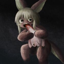 Rule 34 | 1other, androgynous, animal ears, biting, black eyes, creature, eating, fine art parody, furry, highres, holding, holding creature, looking at viewer, made in abyss, mitty (made in abyss), nanachi (made in abyss), open mouth, parody, rabbit ears, saturn devouring his son, sidelocks, smugbuns, standing, tail, teeth, whiskers, white hair