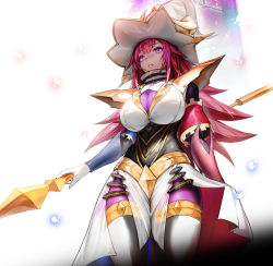 Rule 34 | 1girl, absurdres, armband, beyond the pendulum, breasts, duel monster, gloves, hat, highres, holding, holding staff, korean commentary, large breasts, long hair, multicolored clothes, open mouth, pointy hair, purple eyes, red hair, rehut, staff, strap, teeth, thighhighs, white gloves, wizard hat, yu-gi-oh!