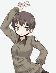 Rule 34 | 10s, 1girl, arm up, brown eyes, brown hair, brown jacket, closed mouth, emblem, girls und panzer, hand on own hip, jacket, kakizaki (chou neji), long sleeves, looking at viewer, military, military uniform, naomi (girls und panzer), saturday night fever, saunders military uniform, short hair, simple background, solo, star (symbol), uniform, upper body, v, very short hair, white background