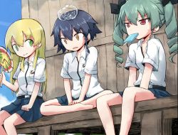 Rule 34 | 10s, 3girls, anchovy (girls und panzer), anzio school uniform, black hair, black ribbon, black skirt, blonde hair, braid, brown eyes, carpaccio (girls und panzer), closed mouth, cloud, cloudy sky, commentary request, day, dress shirt, drill hair, emblem, food, food in mouth, girls und panzer, green eyes, green hair, hair ribbon, hand fan, holding, hot, ice, indian style, kakizaki (chou neji), long hair, looking at viewer, miniskirt, mouth hold, multiple girls, on head, open mouth, outdoors, paper fan, pepperoni (girls und panzer), pleated skirt, popsicle, red eyes, ribbon, school uniform, shirt, short hair, side braid, sitting, skirt, sky, smile, summer uniform, sweat, twin drills, twintails, v arms, white shirt