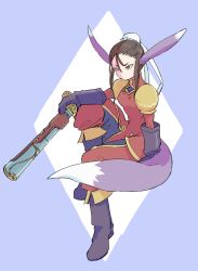 Rule 34 | 1girl, absurdres, animal ears, black eyes, black hair, breasts, breath of fire, breath of fire iv, bun cover, closed mouth, damegamega, dress, eyeshadow, full body, gloves, gun, highres, makeup, short hair, small breasts, solo, tail, ursula (breath of fire), weapon