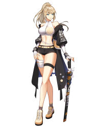 Rule 34 | 1girl, absurdres, bandages, bare shoulders, belt, black jacket, black shorts, blonde hair, blue eyes, breasts, closers, crop top, crossed legs, elbow gloves, fingerless gloves, floating hair, gloves, gradient hair, grey socks, grin, harpy (closers), highres, jacket, large breasts, long hair, looking at viewer, micro shorts, midriff, mole, mole under eye, multicolored hair, navel, off shoulder, official art, open clothes, open jacket, ponytail, shirt, shoes, shorts, sleeveless, sleeveless shirt, slit pupils, smile, sneakers, socks, solo, standing, stomach, tachi-e, thigh strap, thighs, watson cross, white background, white gloves, white shirt, yellow footwear