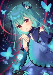 Rule 34 | 1girl, animal, bad id, bad pixiv id, blue bow, blue dress, blue sleeves, blush, bow, bug, butterfly, commentary request, detached sleeves, double bun, dress, green hair, hair bow, hair bun, hair ornament, hololive, insect, juliet sleeves, long sleeves, looking at viewer, parted lips, puffy sleeves, red eyes, skull hair ornament, sleeveless, sleeveless dress, smile, solo, sumisaki yuzuna, uruha rushia, uruha rushia (1st costume), virtual youtuber, wide sleeves